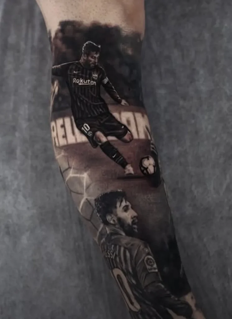 Modern sleeve tattoo Melbourne showcasing dynamic black and grey sports portraiture of Messi